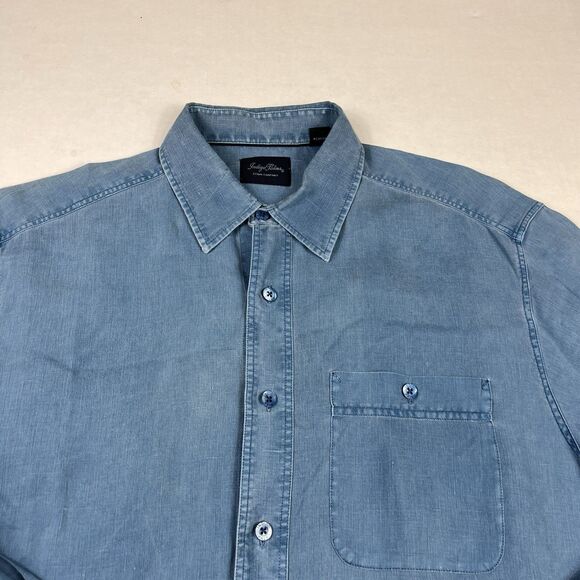 Indigo Palms Linen Button Down Shirt Large Blue Coastal Soft Worn Casual Beachy - Picture 3 of 12